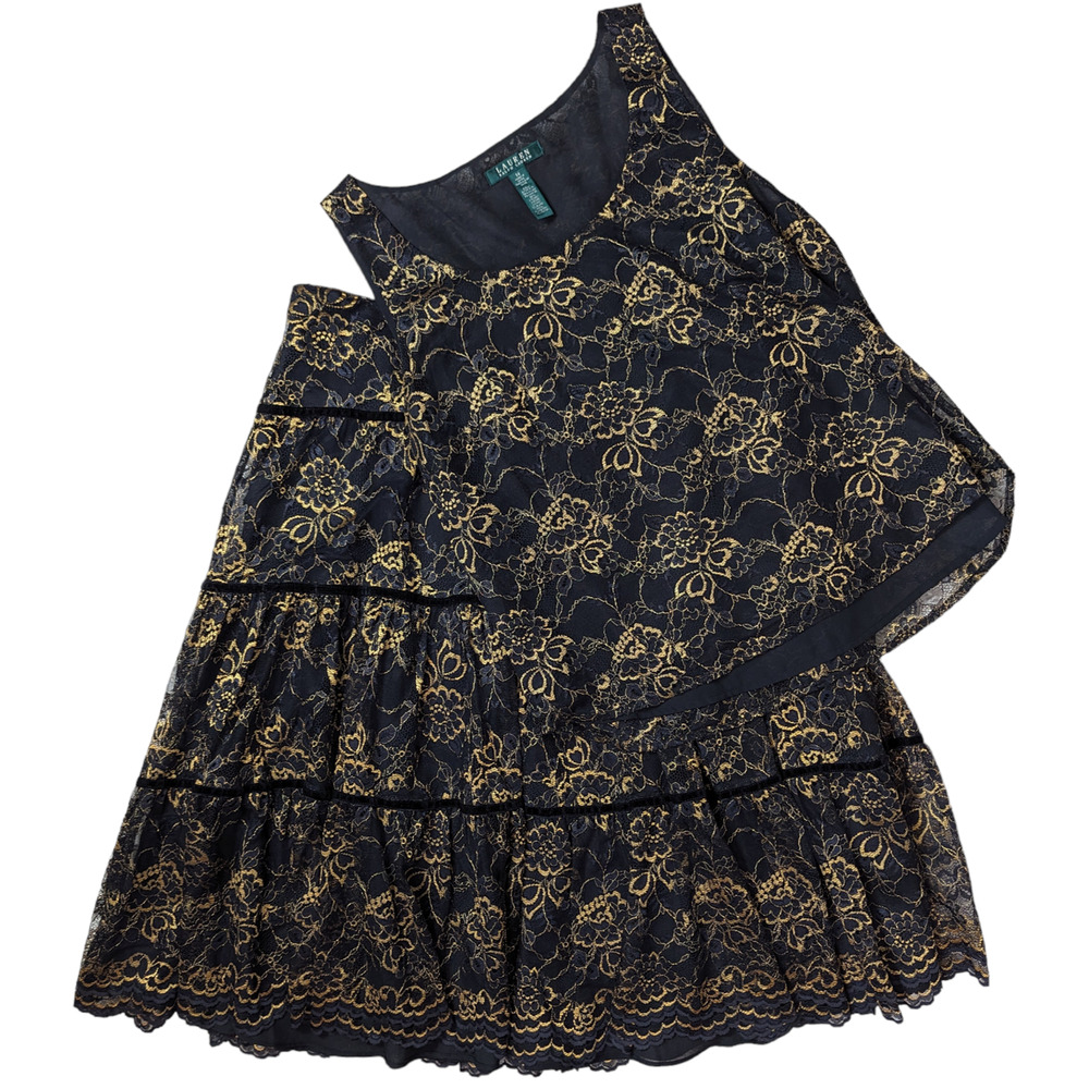 Ralph Lauren Two Piece Lace Blouse and Skirt Set Black and Gold Size 14